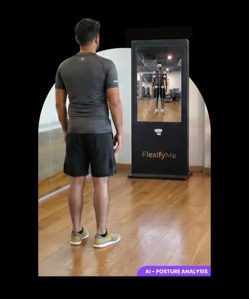 AI posture analysis kiosk scanning a patient with skeletal tracking overlay