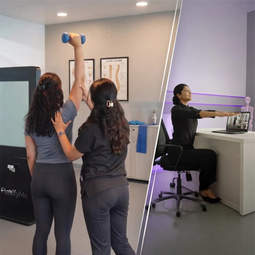 In-clinic physiotherapy session beside an online guided posture session