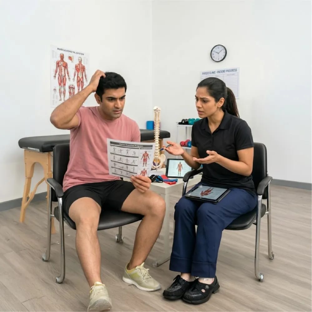 Patient reviewing a home exercise program with a physiotherapist