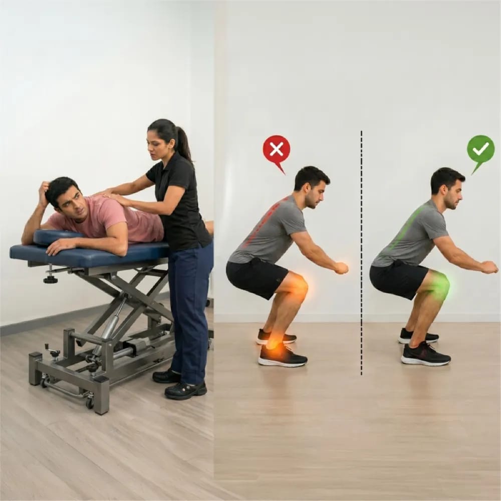 Manual therapy alongside incorrect versus correct squat posture