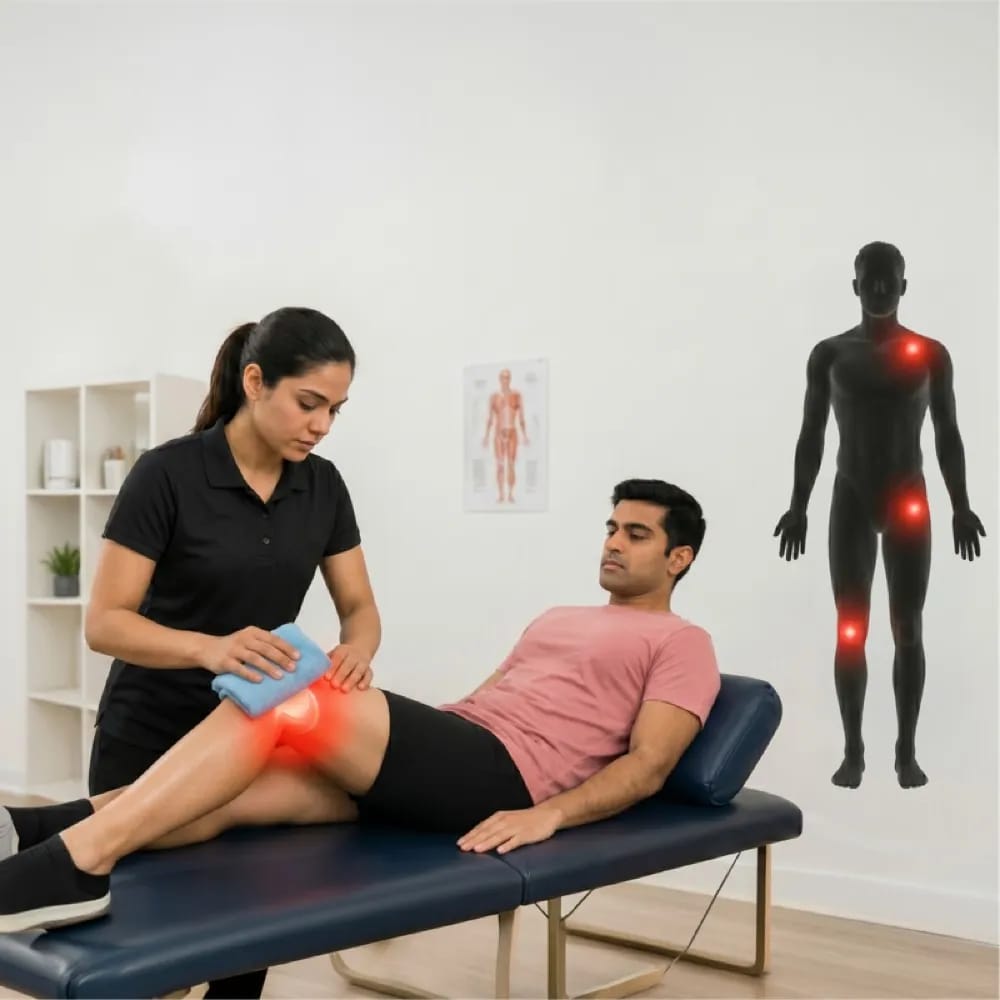 Physiotherapist treating a patient's knee beside a body map of referred pain points