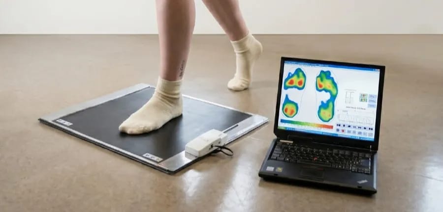 Foot and pressure analysis mat with heat-map on a laptop